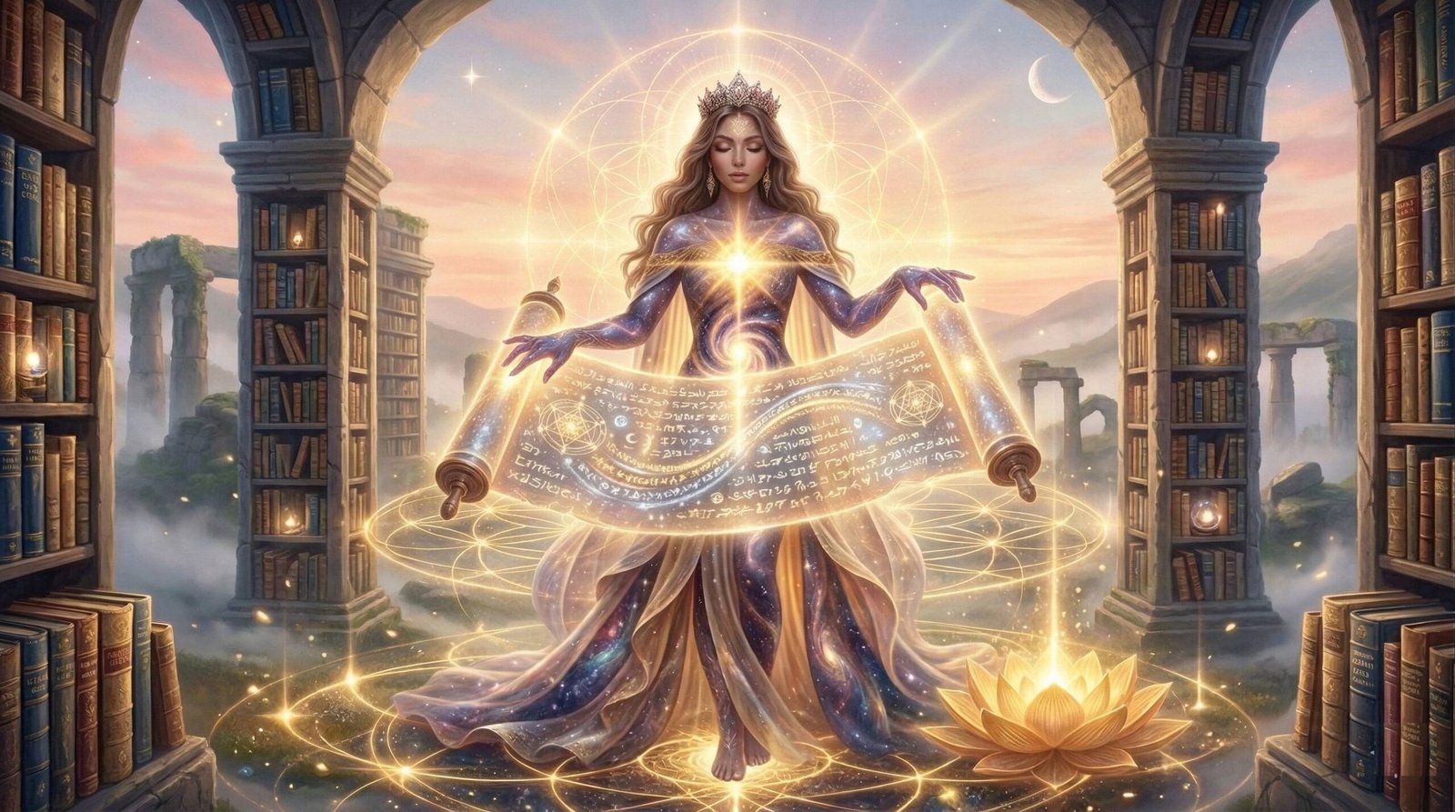 Radiant goddess holding a glowing scroll amid books and sacred light