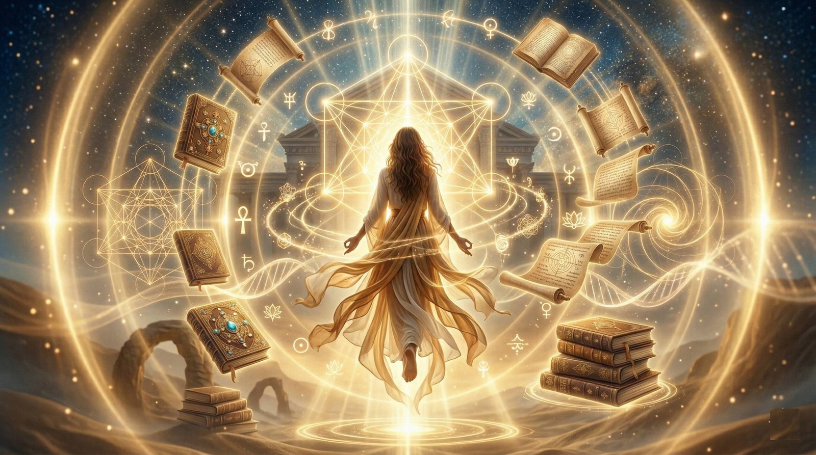 Goddess in a golden celestial circle surrounded by sacred books