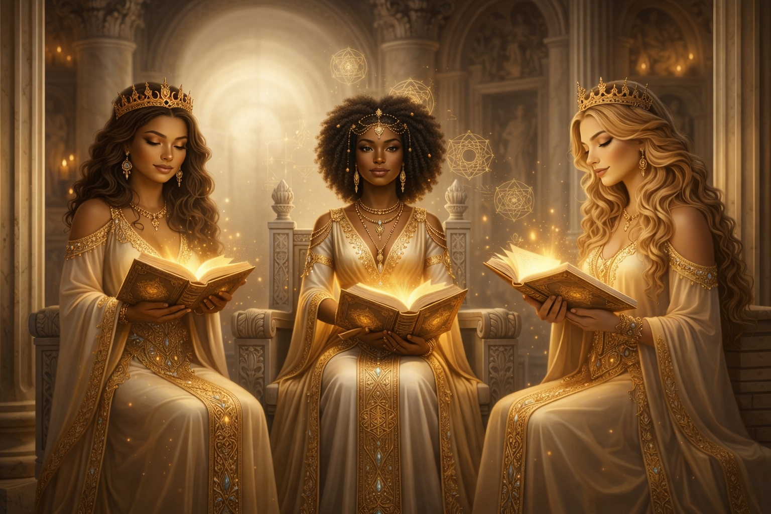 Three goddesses in an opulent temple