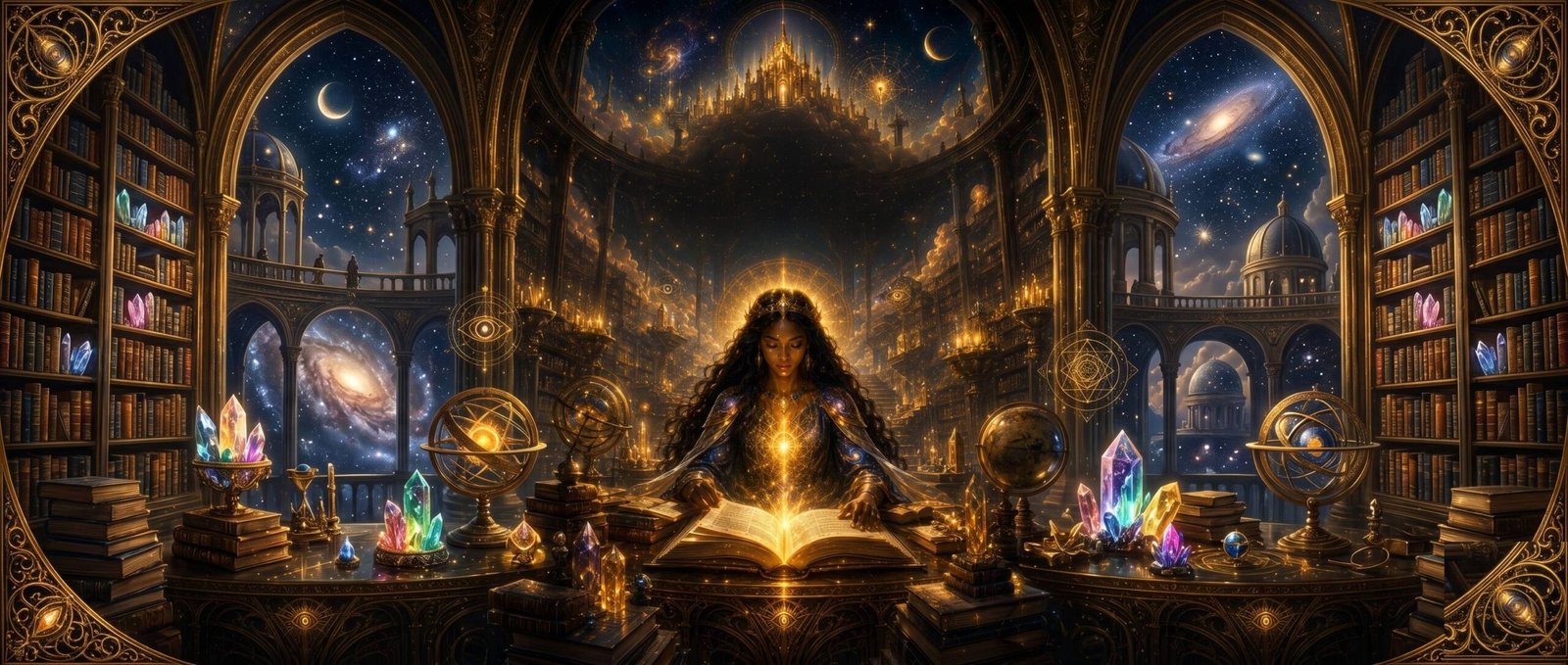 A sacred library illuminated in the Goddess Ascended visual style