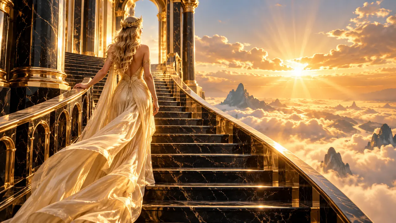 A radiant ascension stairway symbolizing sovereign growth