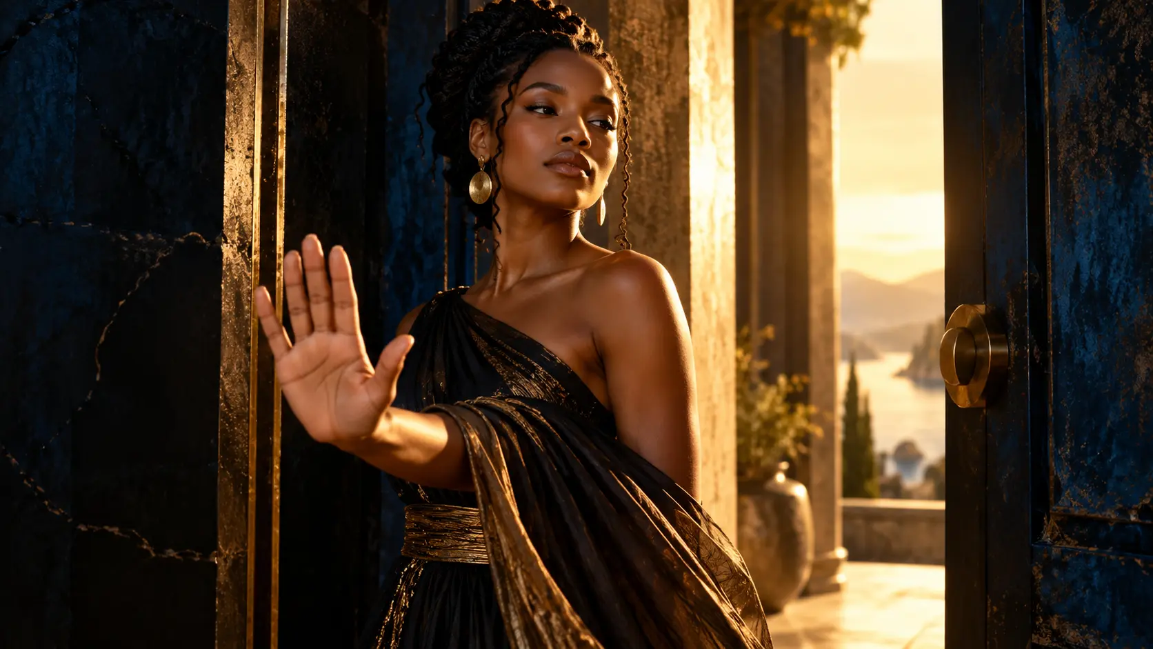 A woman calmly raises an open palm at a doorway, setting a gentle boundary in golden light.