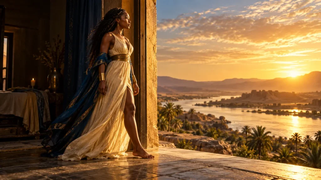 A woman steps from a familiar doorway toward an open landscape in warm golden sunrise.
