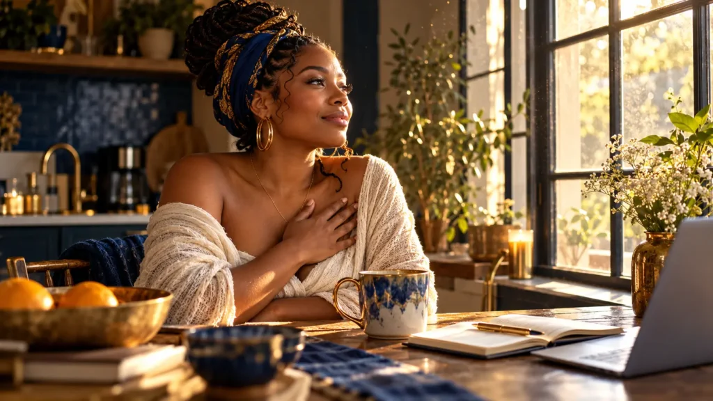 A woman pauses by a sunny kitchen window with her hand over her heart, surrounded by ordinary morning details.