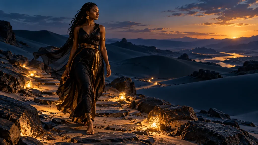 A woman follows a winding lantern-lit path across dark dunes toward a distant golden horizon.