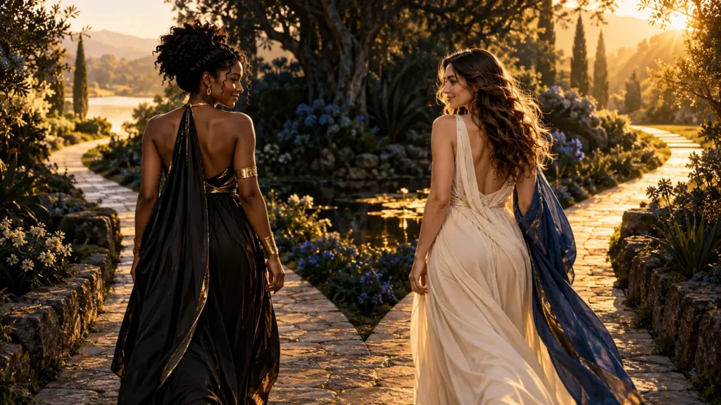 Two women part along gently diverging garden paths, sharing a warm understanding glance in the evening light.
