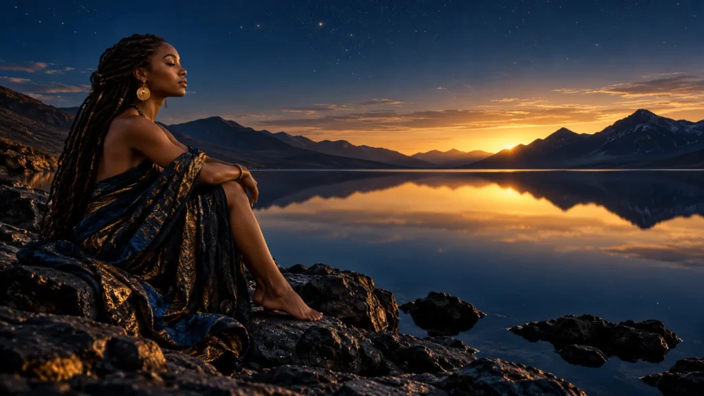 A woman sits peacefully beside a still lake at dawn, looking toward a golden horizon reflected on the water.