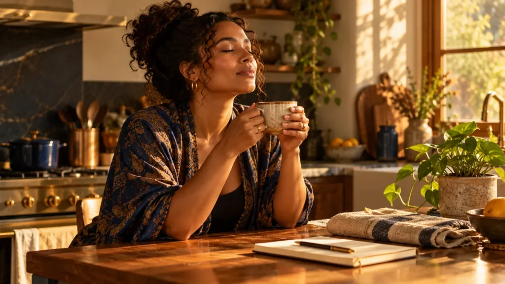 A woman pauses to enjoy a cup of tea in her sunlit kitchen during an ordinary morning.