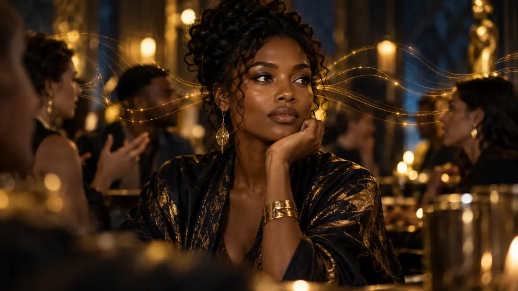 A thoughtful woman notices her surroundings in a softly lit room as subtle golden lines suggest awareness.