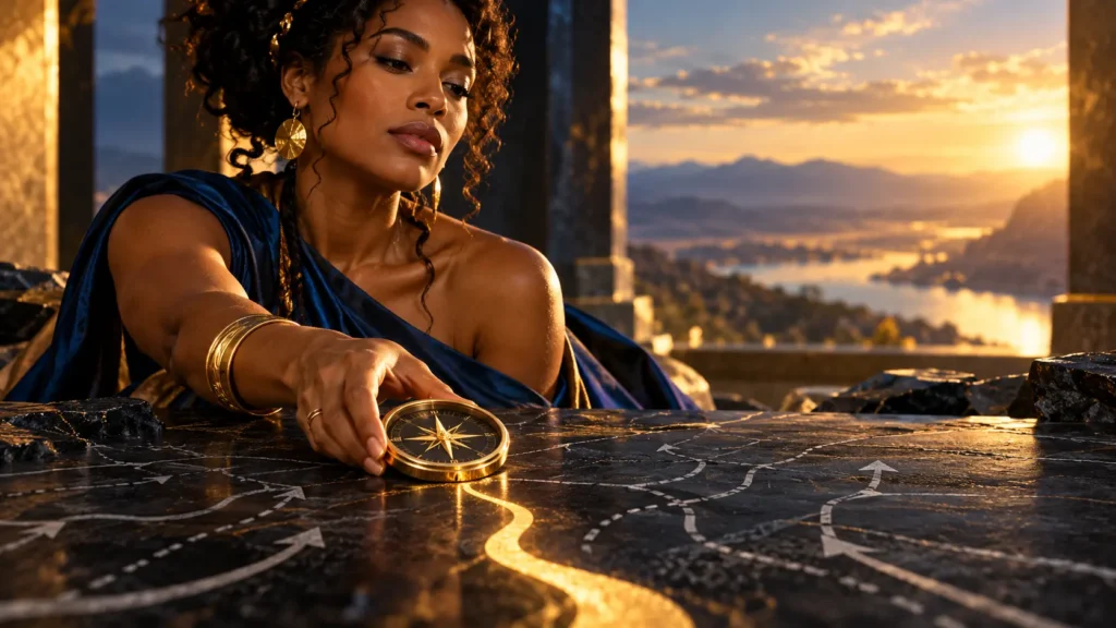 A woman places a golden compass on a dark table of intersecting paths, choosing her own direction.