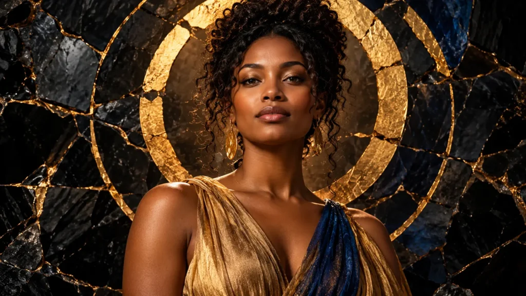 A confident woman stands before an irregular gold-and-obsidian mosaic, illuminated by warm light.